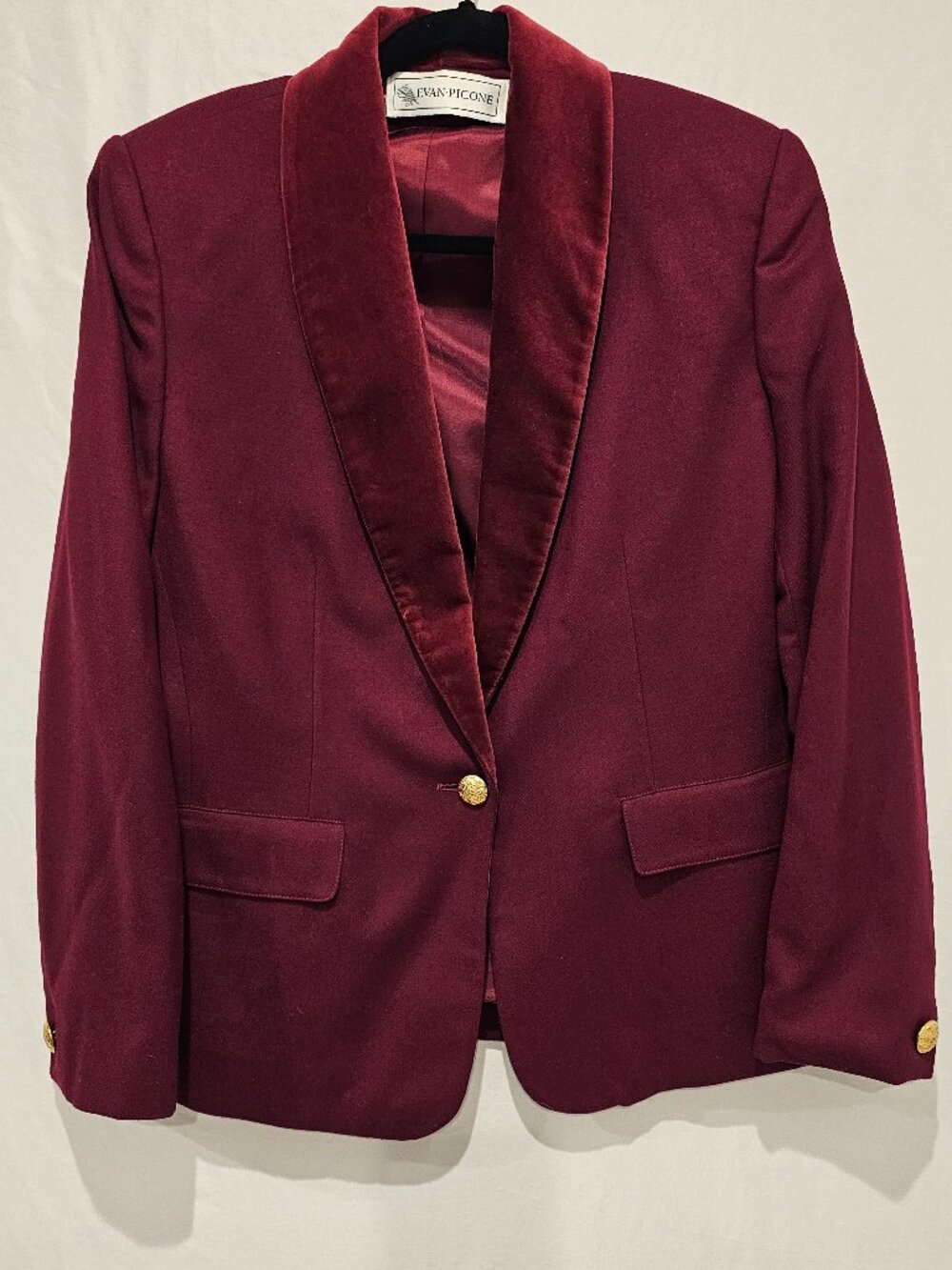 Vintage Evan Picone Burgundy Worsted Wool Velvet Shawl Blazer Jacket Women's 12